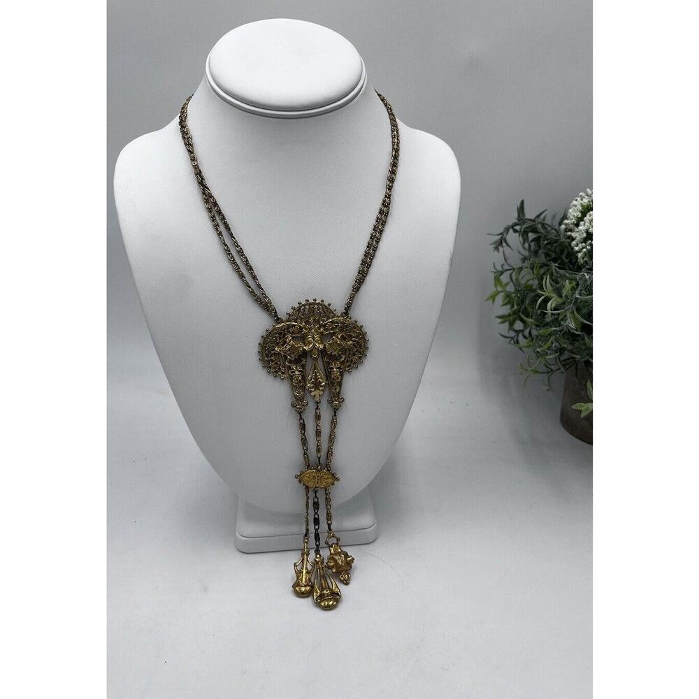 Vintage Signed‎ ART Arthur Pepper VICTORIAN Style Necklace Gold 3 Tier Pendants